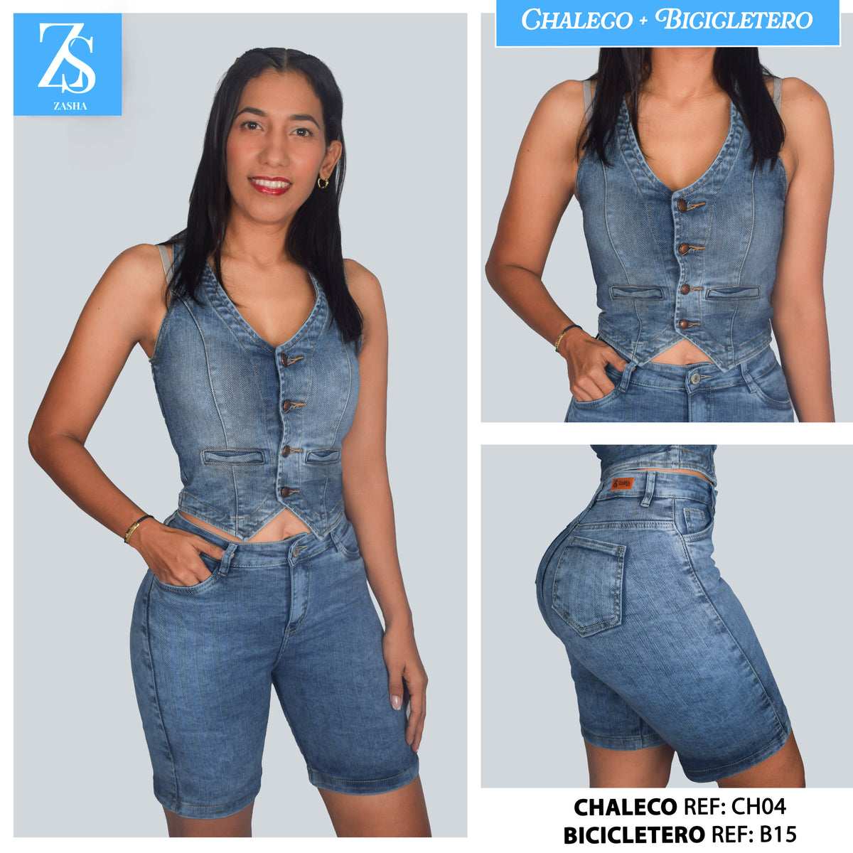 SET JEANS CLARO 1 CHALECO + BICICLETERO