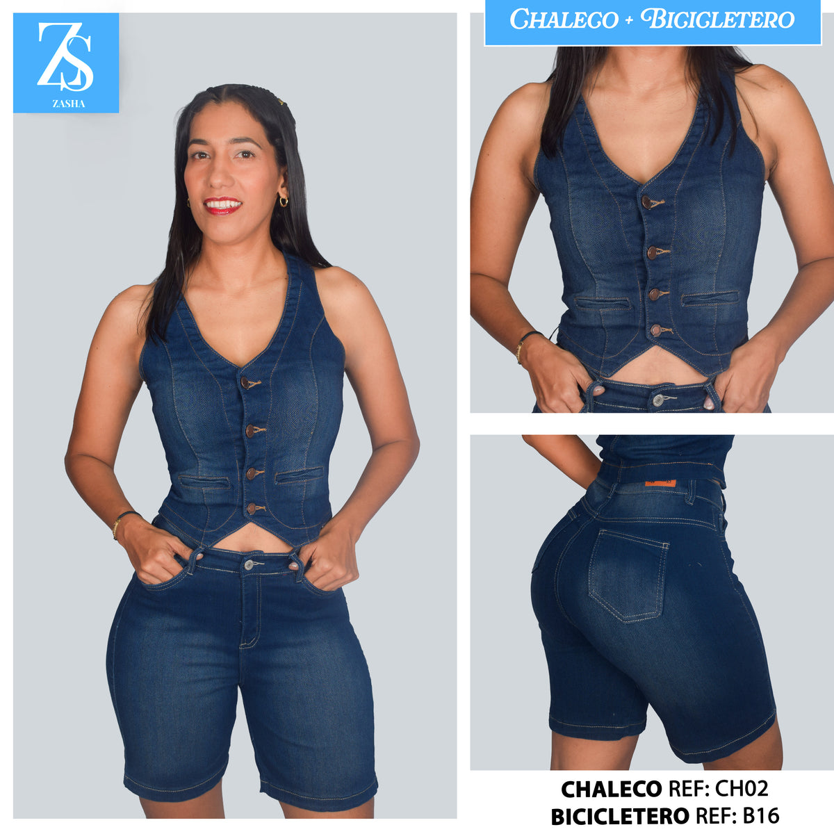 SET JEANS OSCURO 3 CHALECO + BICICLETERO