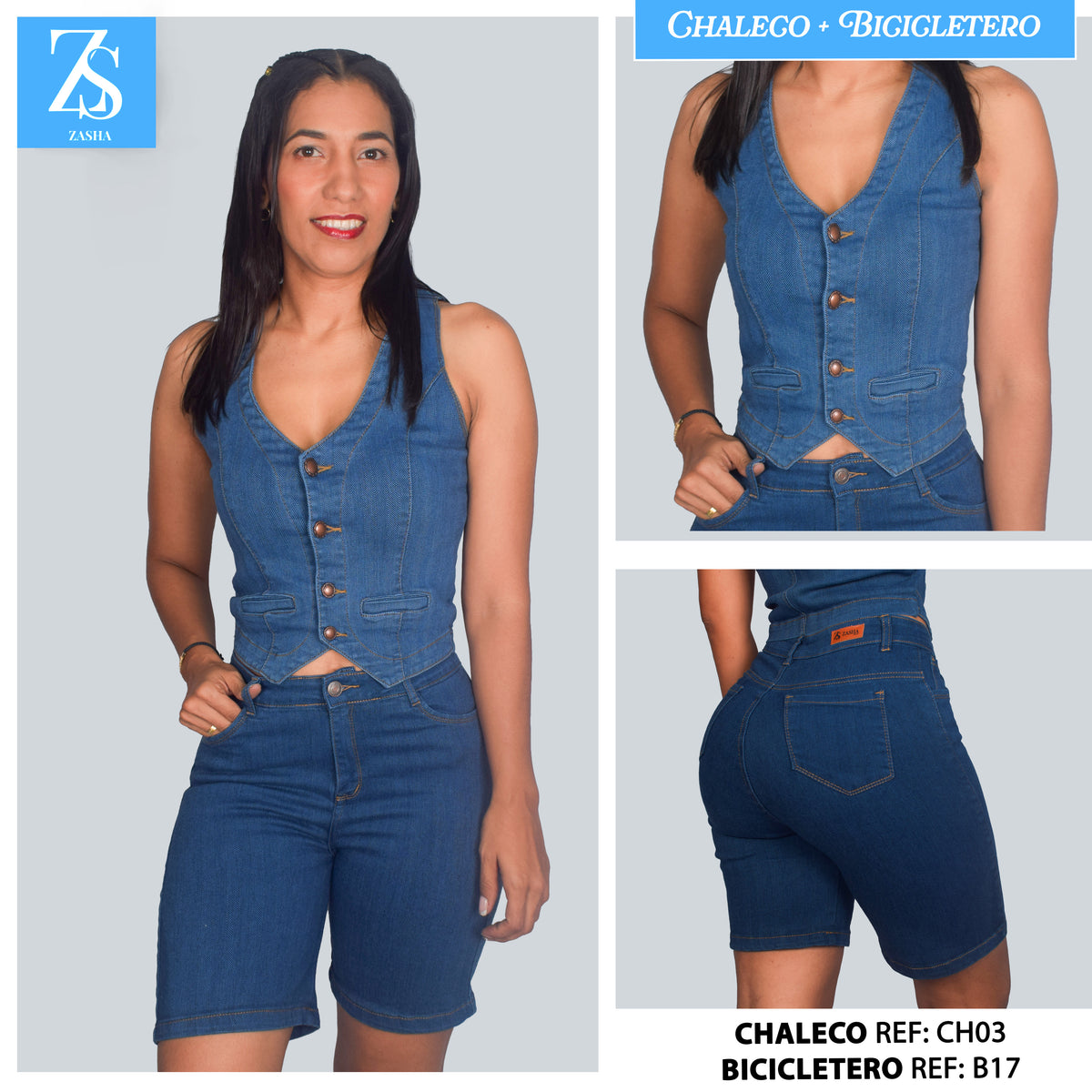 SET JEANS MEDIO 2 CHALECO + BICICLETERO